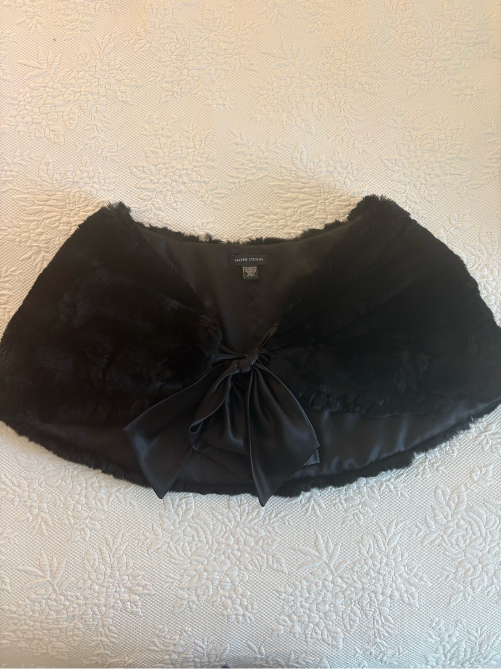 Valerie Stevens Black Rabbit Fur Shawl with Satin Bow